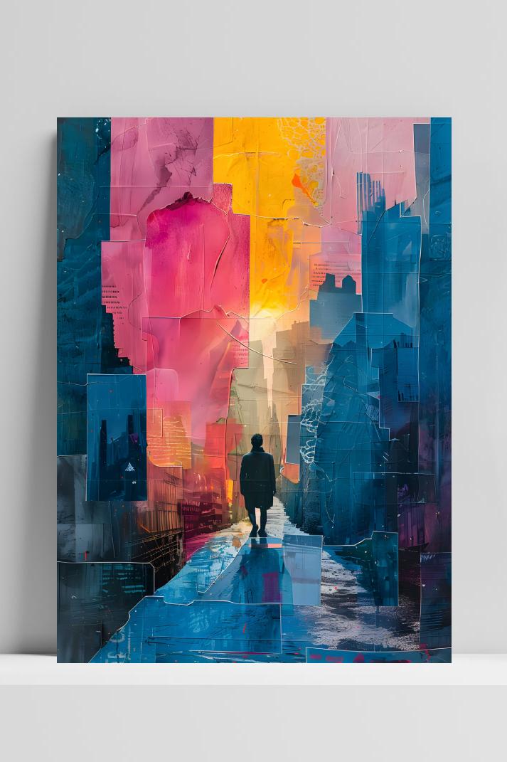 Kleurencollage Stad op 3mm aluminium dibond
