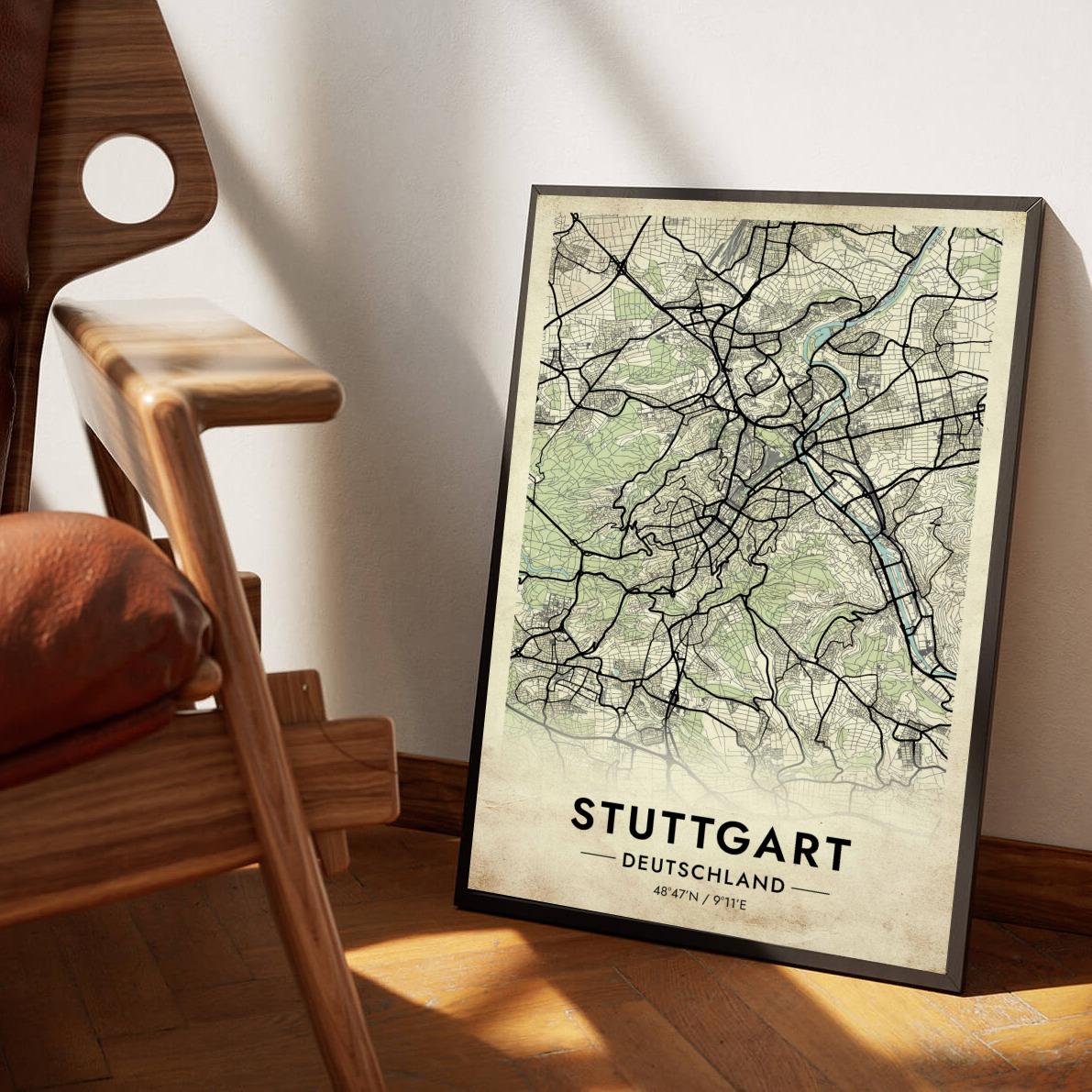 Stuttgart Map Deutschland Vintage poster sfeerbeeld 1