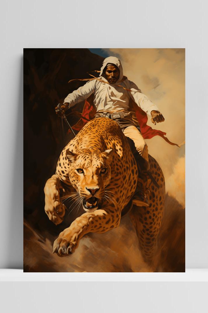 Man op Luipaard op 3mm aluminium dibond