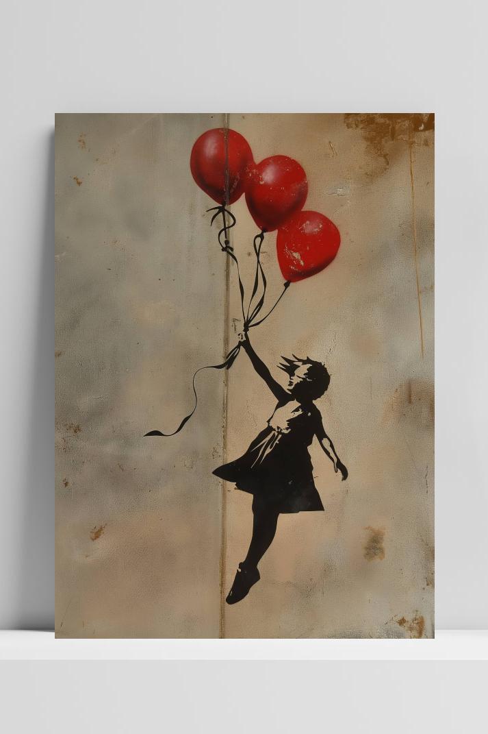 Banksy Drie Ballonnen op 3mm aluminium dibond