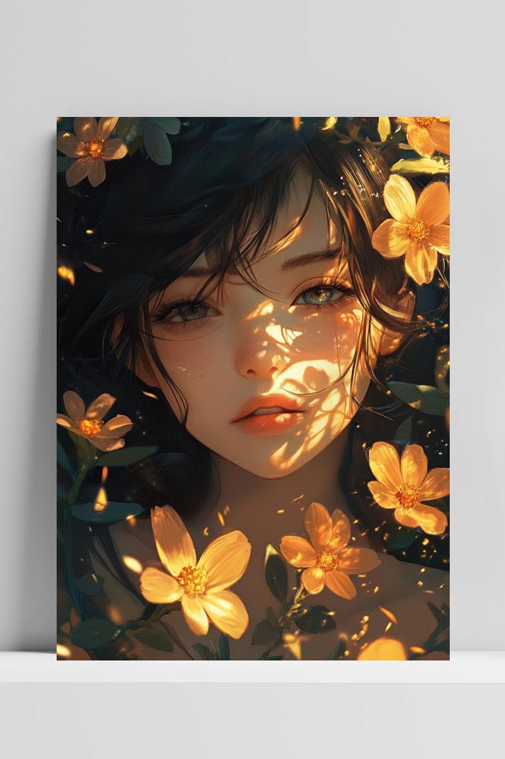 Girl Flowers Anime Digital dans un intérieur
