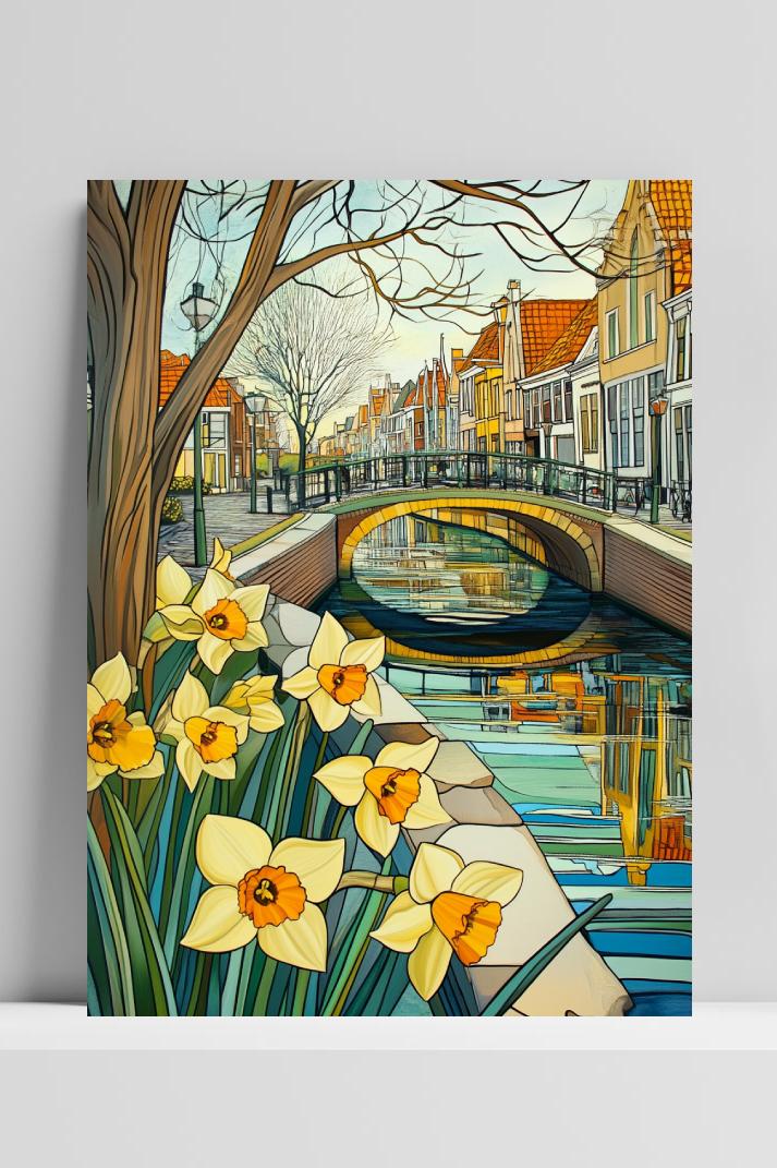 Dutch Canal Daffodils Amsterdam op 3mm aluminium dibond
