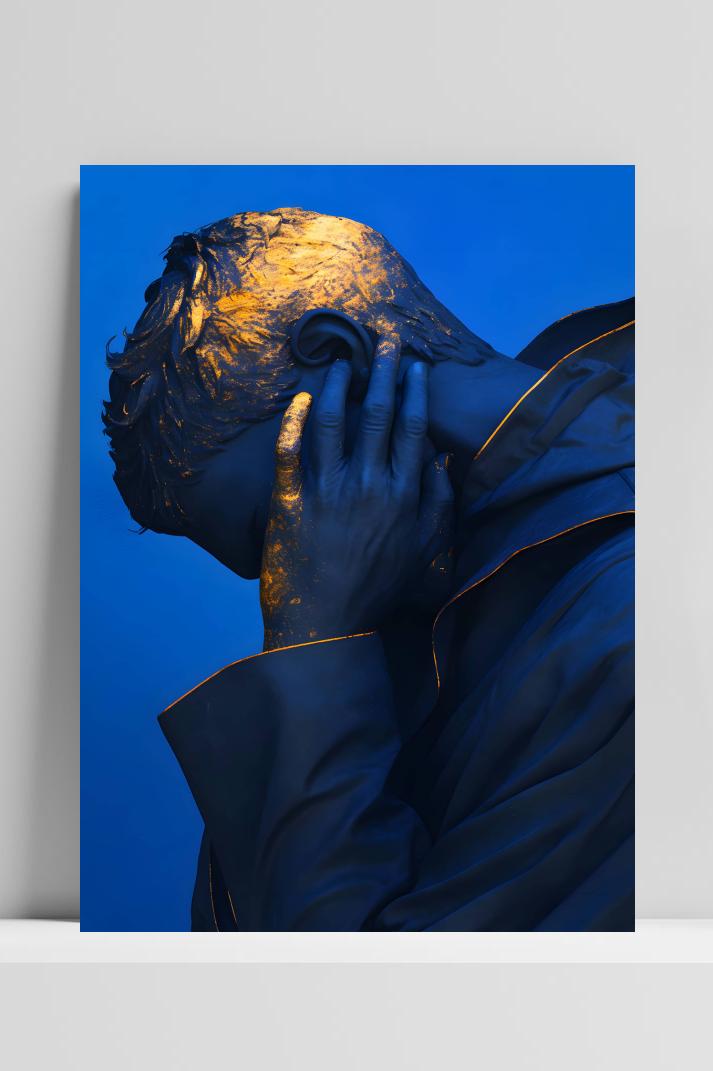 Blauw Gouden Man op 3mm aluminium dibond