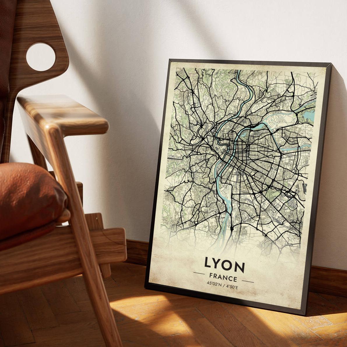 Lyon Map France Vintage poster sfeerbeeld 1