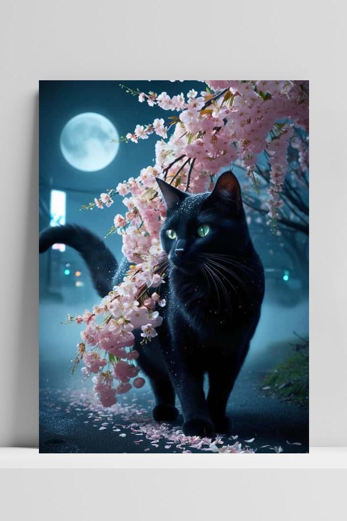 Cat Cherry Blossom op 3mm aluminium dibond