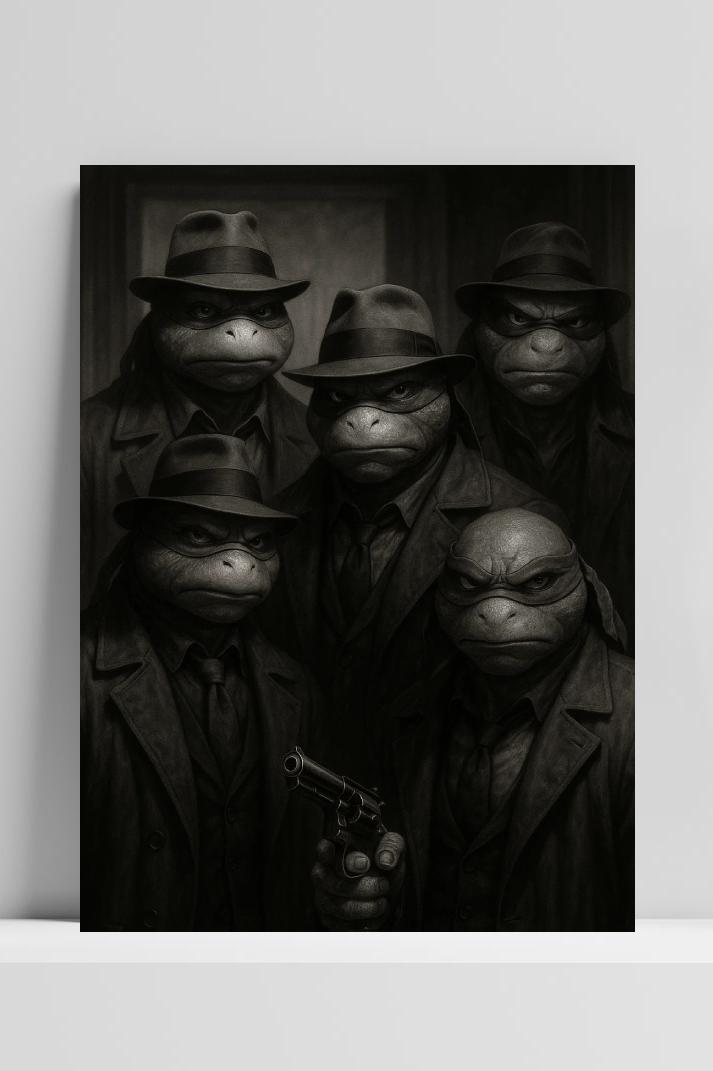 Ninja Turtles Gangster B&W op 3mm aluminium dibond