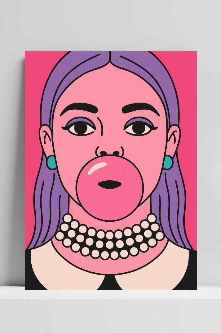 Woman Bubble Gum Cartoon op 3mm aluminium dibond
