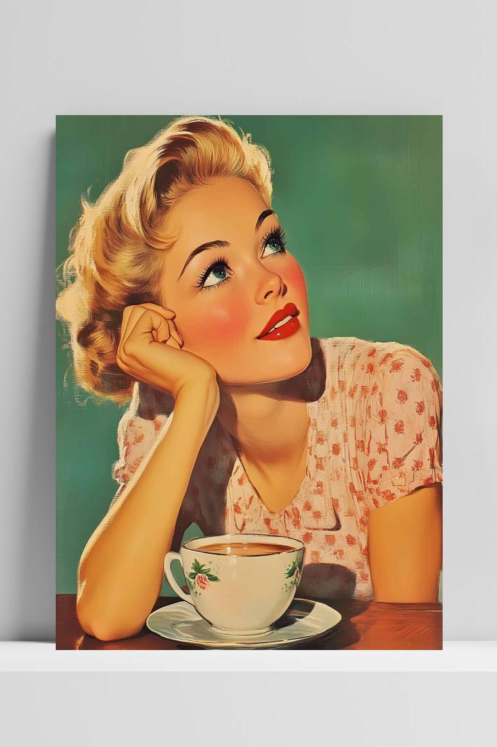 Vrouw Koffie op 3mm aluminium dibond