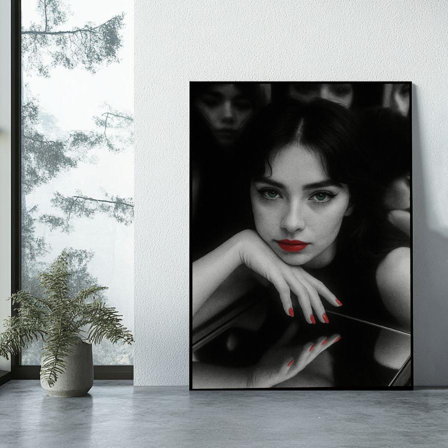 Woman Red Lips Portrait poster sfeerbeeld 1