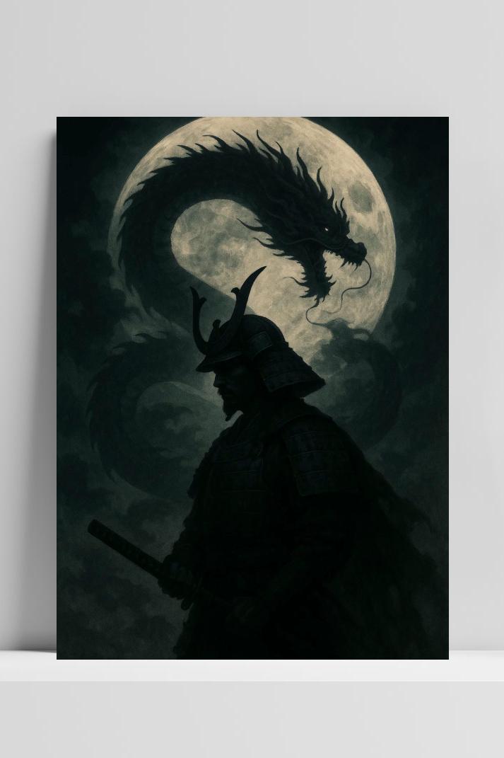 Samurai Dragon B&W op 3mm aluminium dibond