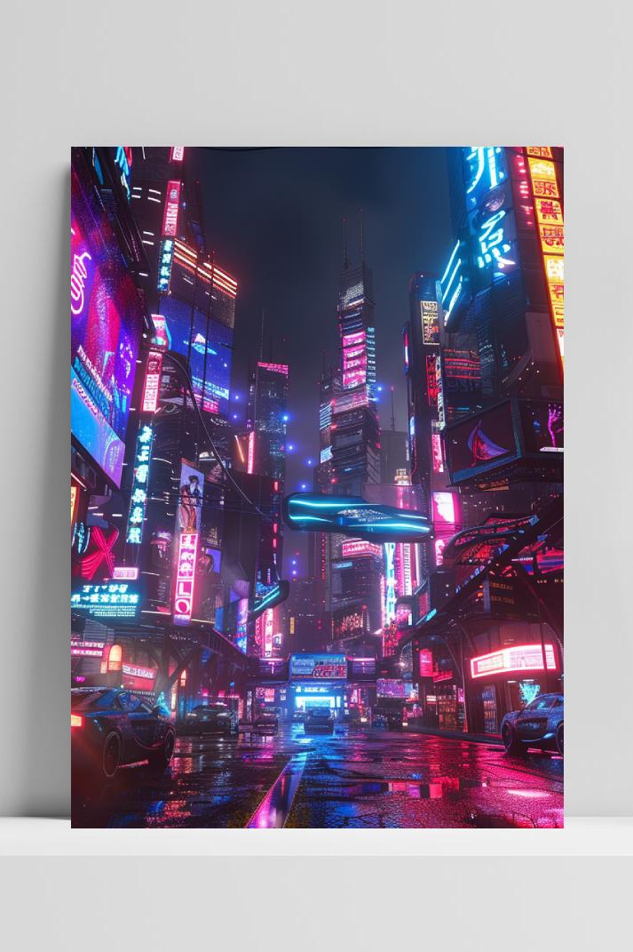Cyberpunk Neon Stad op 3mm aluminium dibond