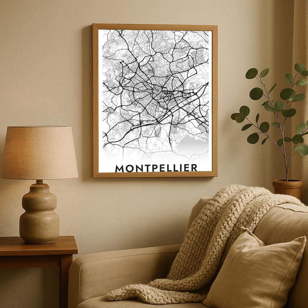 Montpellier Map France White poster sfeerbeeld 2