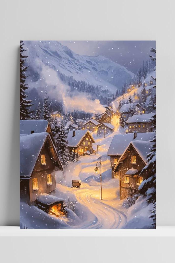 Kerst Sneeuwstad op 3mm aluminium dibond