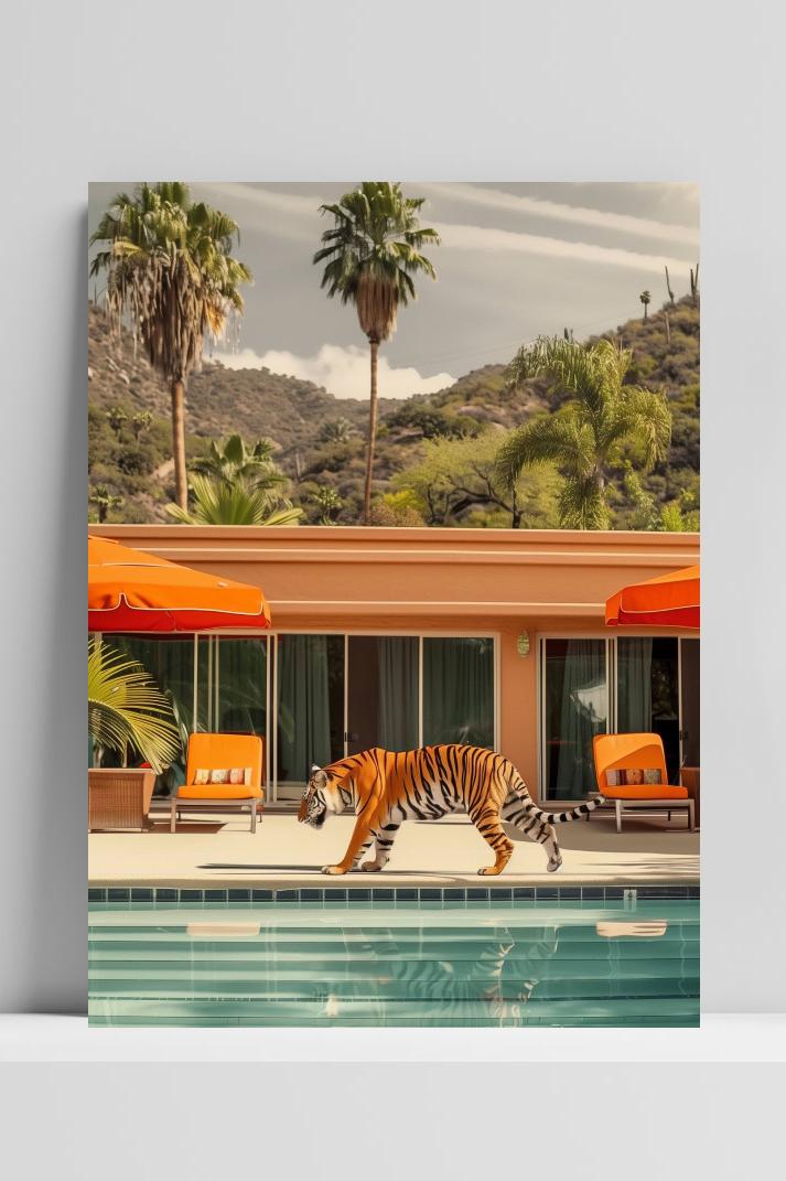Tijger Bij Zwembad op 3mm aluminium dibond