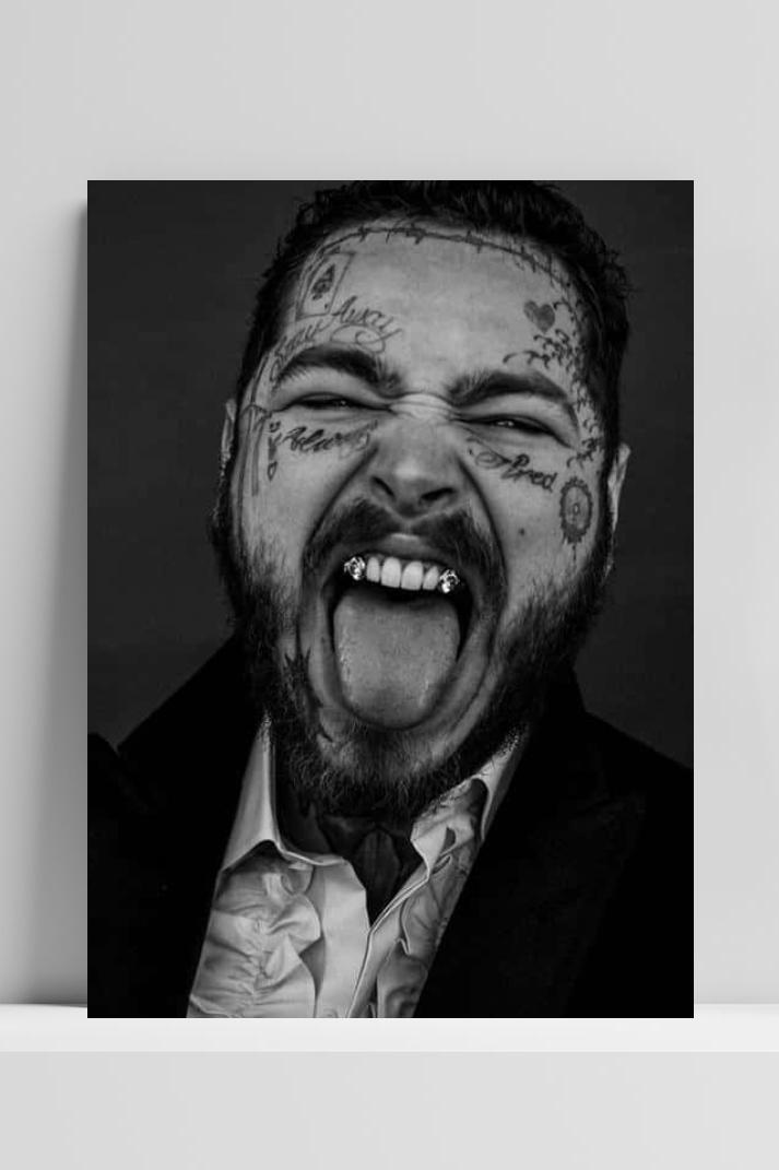 Post Malone Portrait B&W op 3mm aluminium dibond