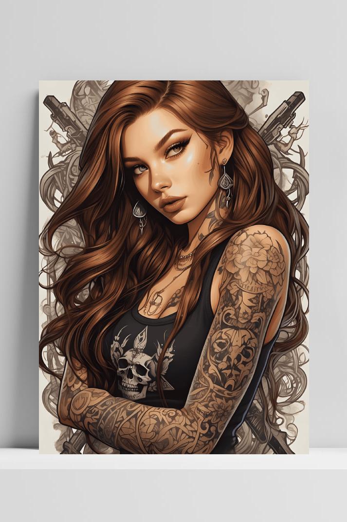 Tattoo Vrouw Rebel op 3mm aluminium dibond
