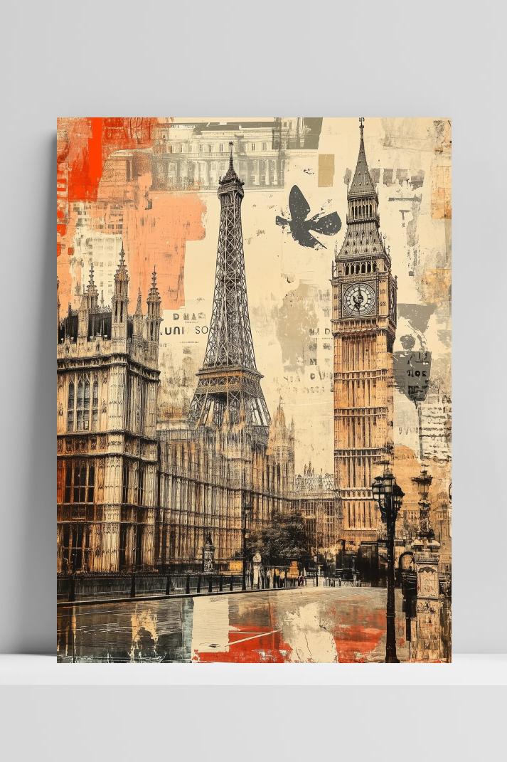 Europe Landmarks Eiffel Tower Big Ben op 3mm aluminium dibond