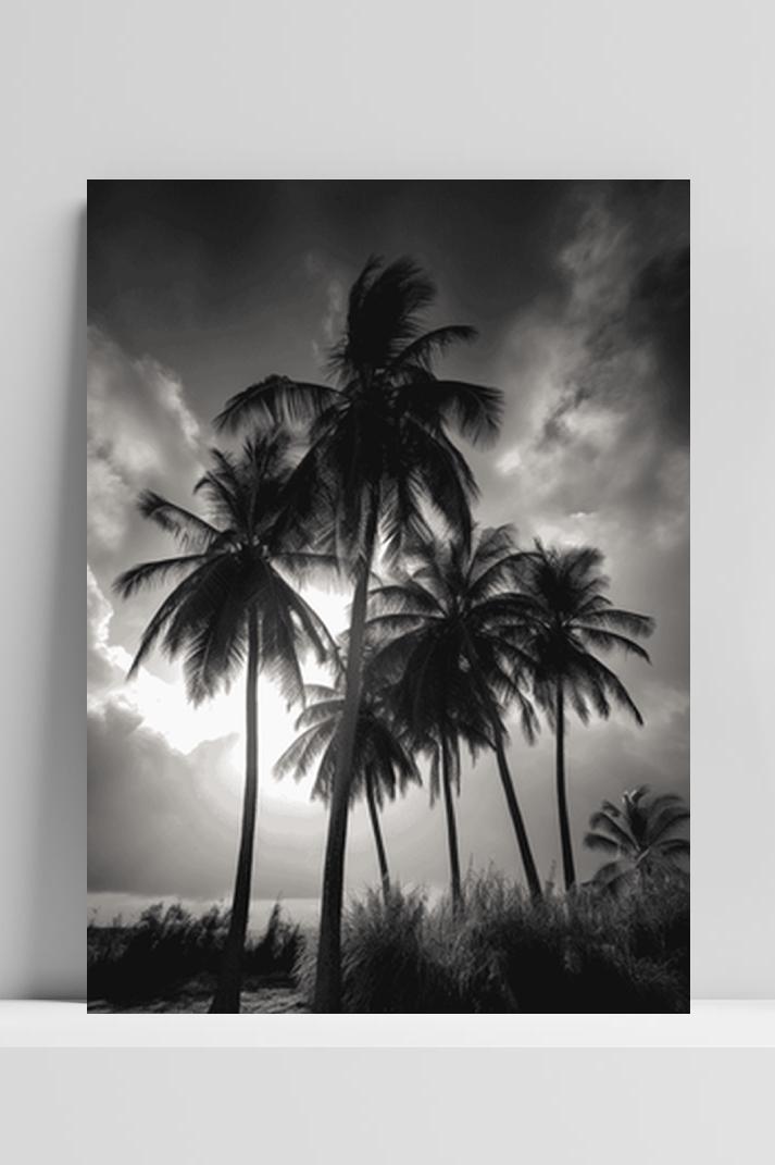 Palmbomen Zwart Wit op 3mm aluminium dibond