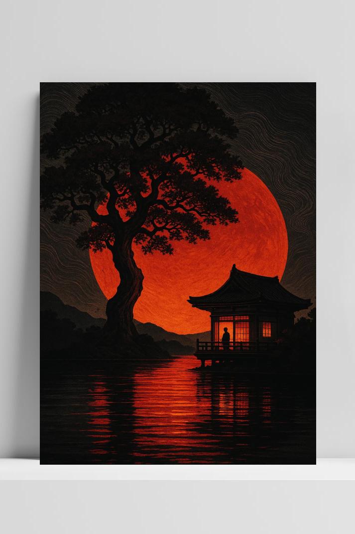 Red Moon Vintage Art op 3mm aluminium dibond