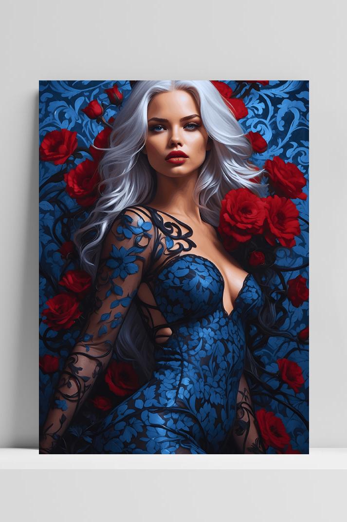 Vrouw Rozen Blauw op 3mm aluminium dibond