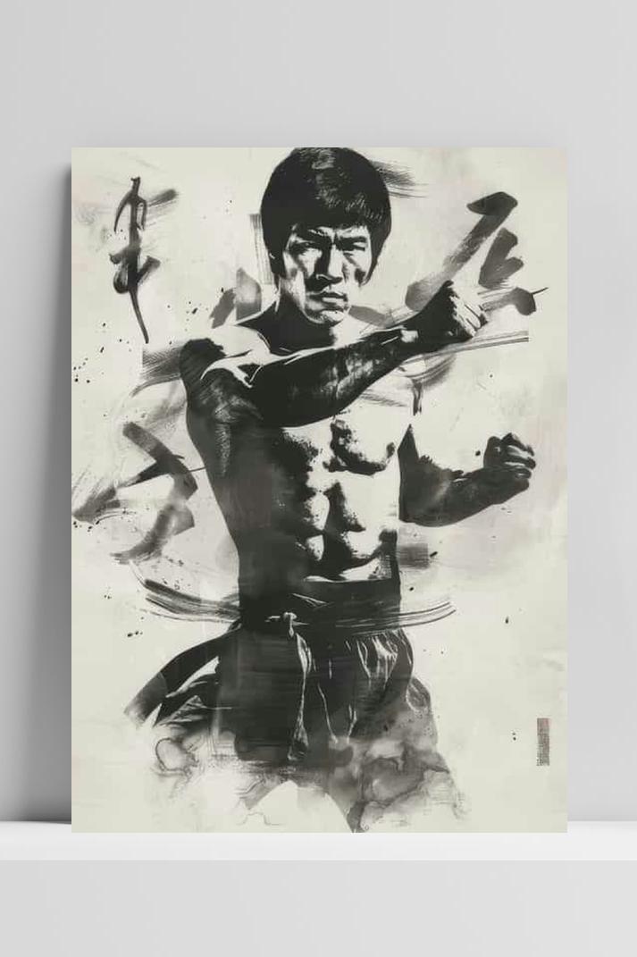 Bruce Lee Zwart Wit op 3mm aluminium dibond