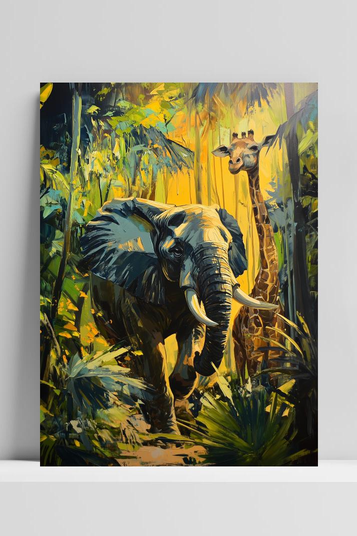 Jungle Safari Elephant Giraffe op 3mm aluminium dibond