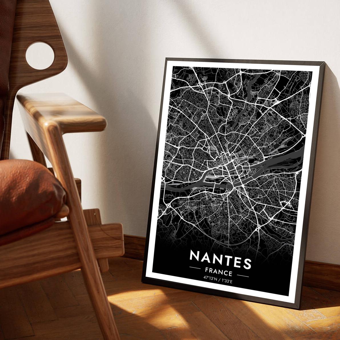Nantes Map France Black poster sfeerbeeld 1