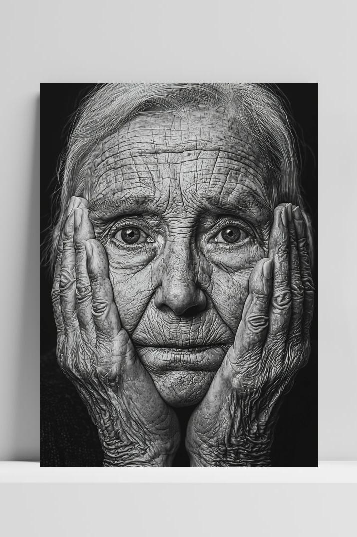Old Woman B&W op 3mm aluminium dibond