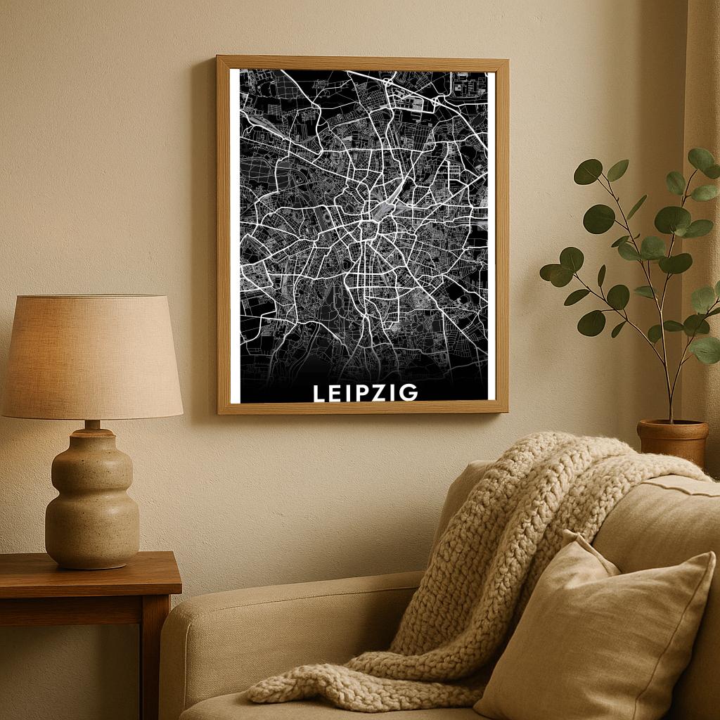Leipzig Map Deutschland Black poster sfeerbeeld 2