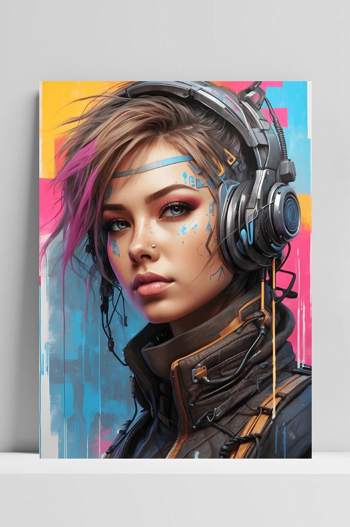 Cyber Gamer Chick op 3mm aluminium dibond