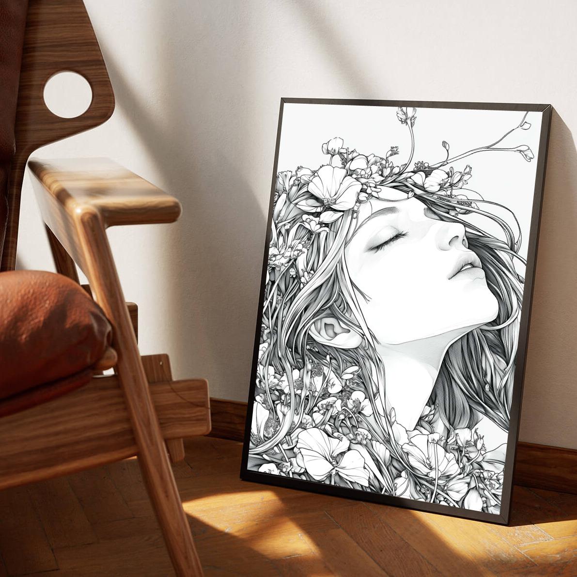 Woman Flower Line Art en un interior