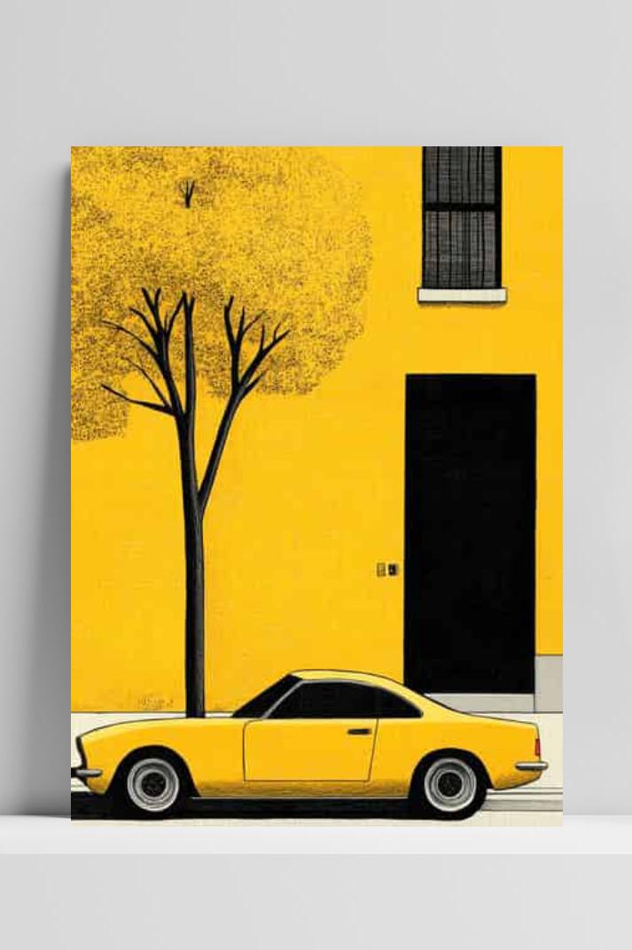 Gele Auto op 3mm aluminium dibond