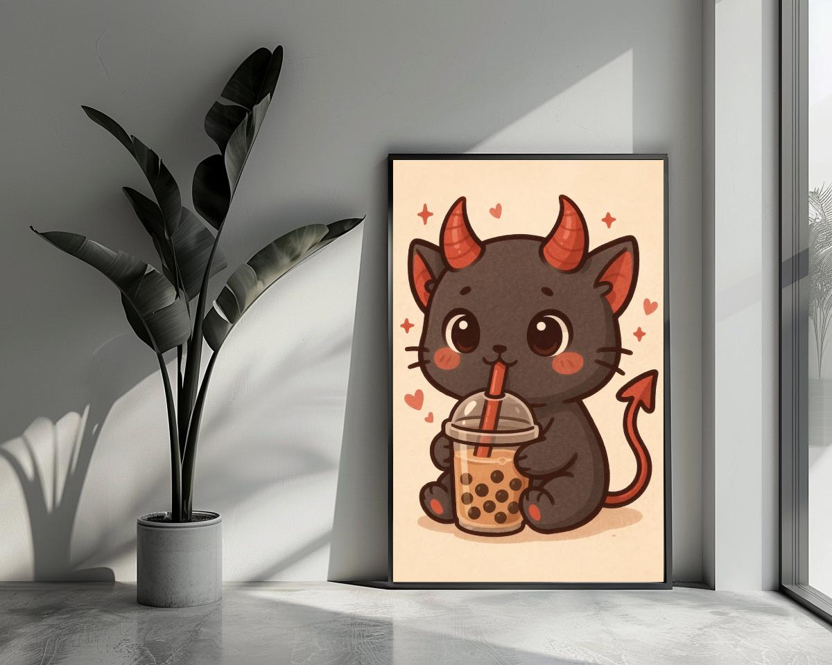 Devil Cat Bubble Tea Cartoon poster van 25 Artstreet