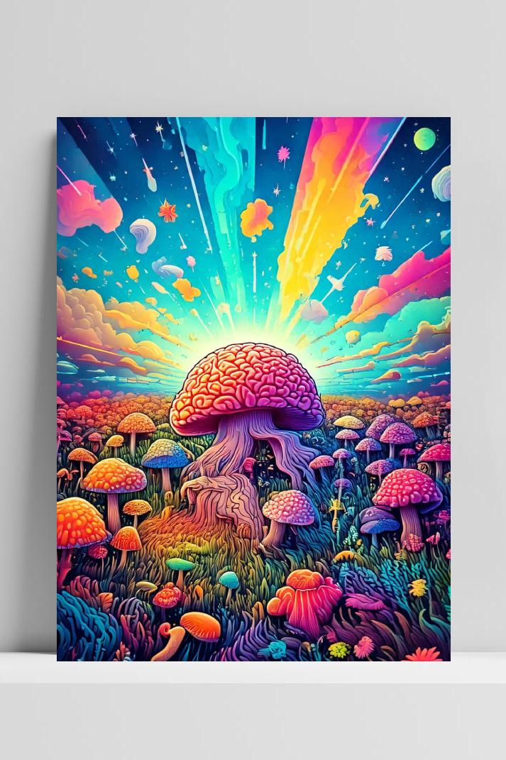 Psychedelic Mushroom Field op 3mm aluminium dibond