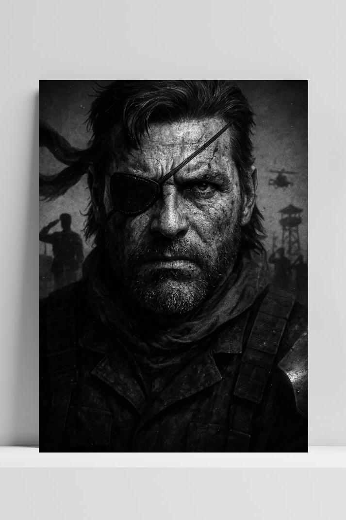 Big Boss Metal Gear Solid B&W op 3mm aluminium dibond