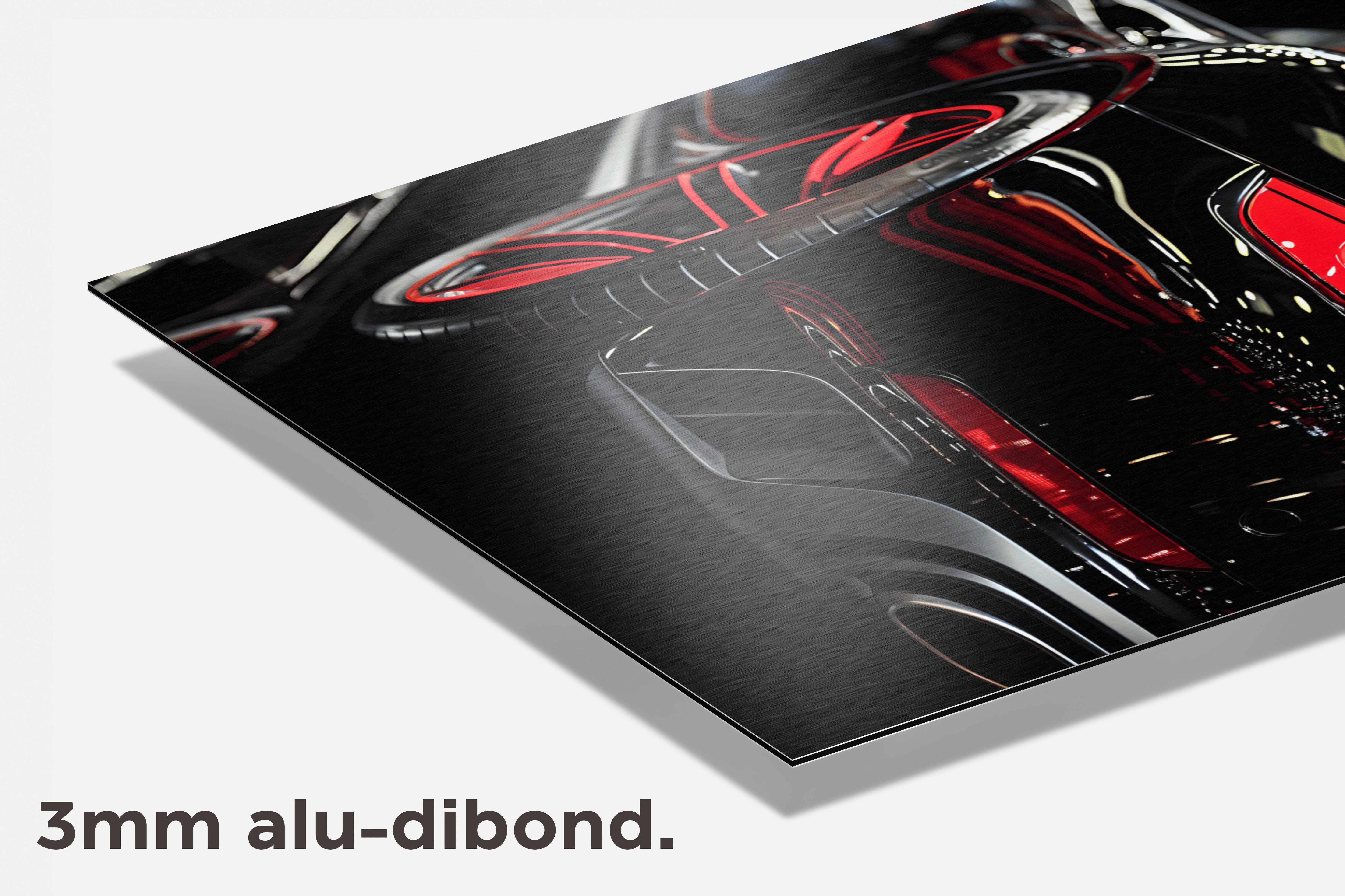 Sportauto Zwart Rood dibond detail
