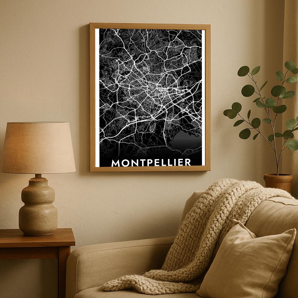 Montpellier Map France Black poster sfeerbeeld 2