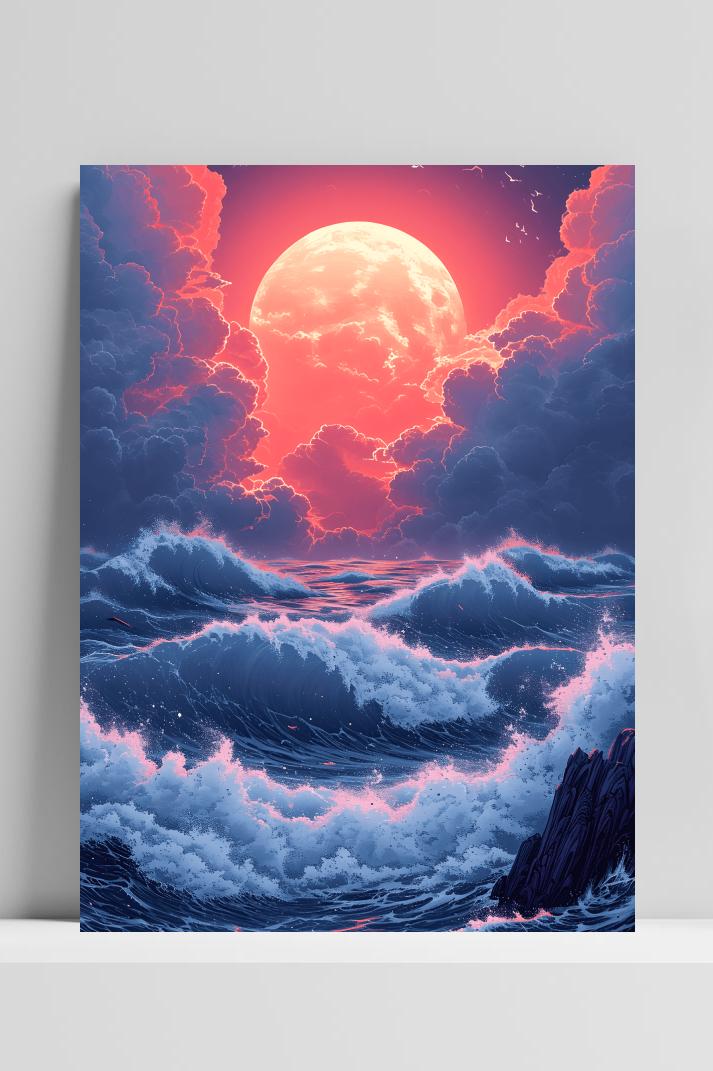 Zeegolf Maan op 3mm aluminium dibond