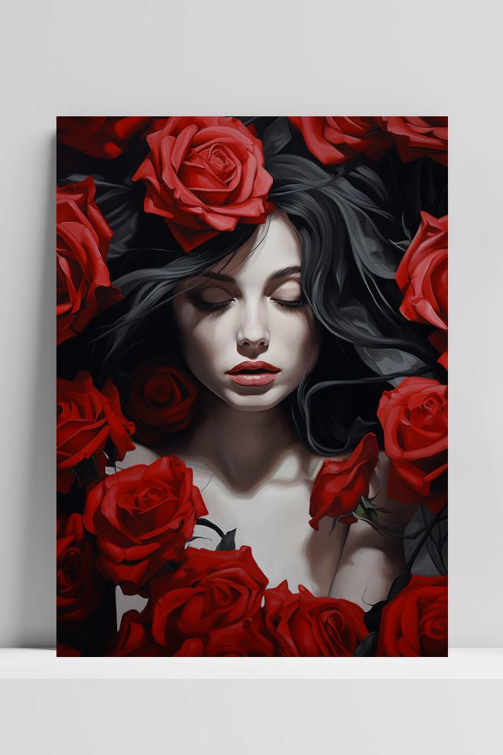 Vrouw met Rozen op 3mm aluminium dibond