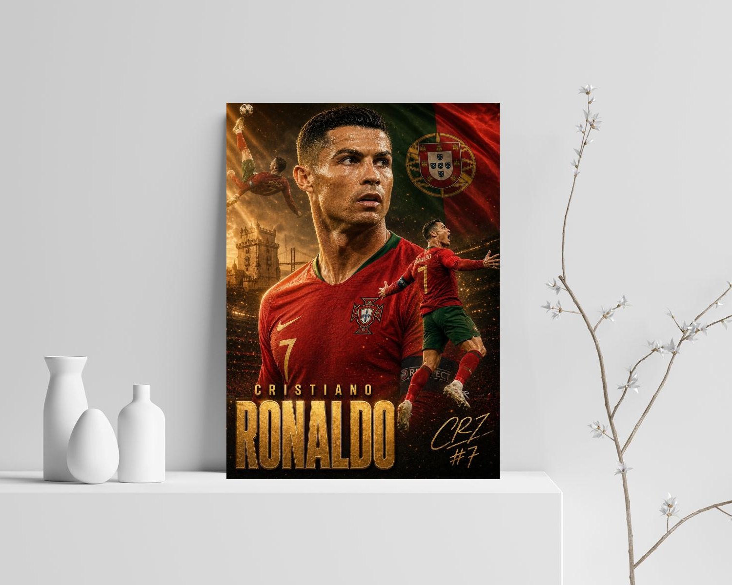 Dibond poster op aluminium plaat op een dressoir in een moderne woonkamer.