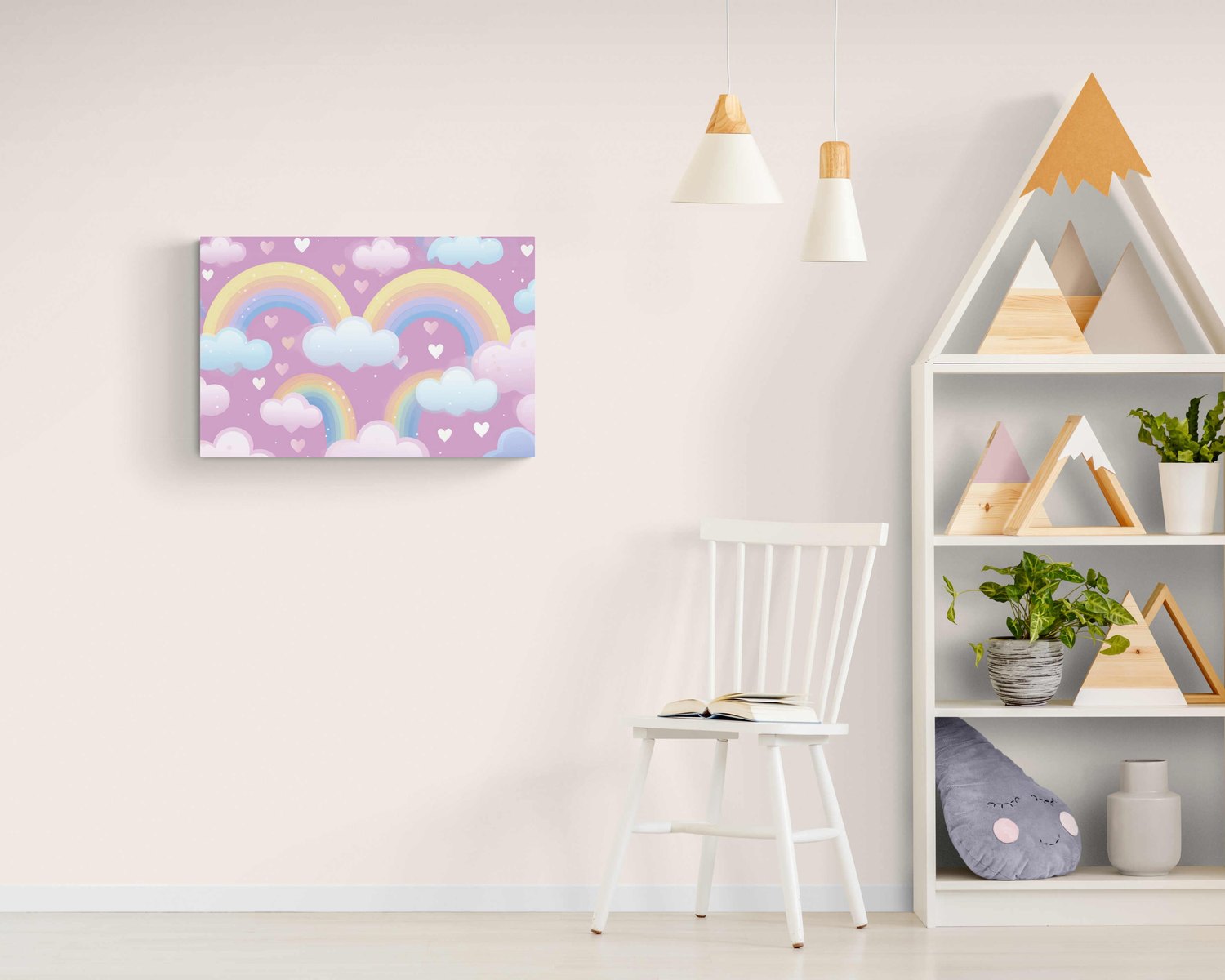 Kleurrijke kinderposter aan de muur van een lichte kinderkamer.